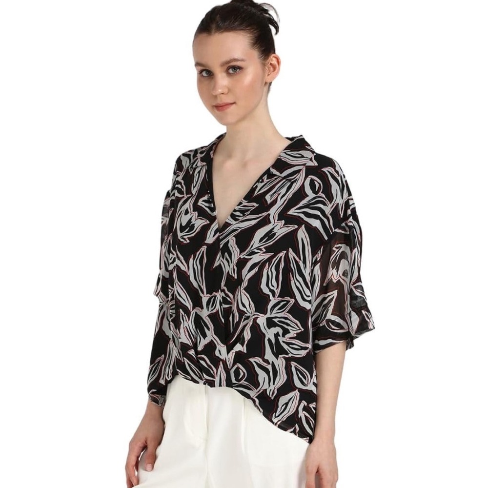 Calvin Klein Womens Black Abstract Leaf Print Chiffon High Low Blouse Size L